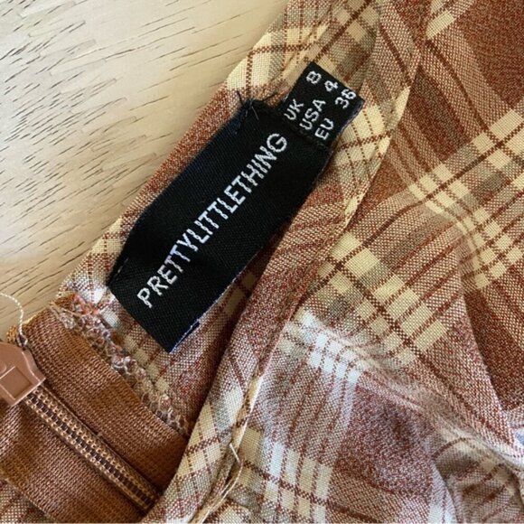 PrettyLittleThing Cream and Brown Checkered Mini Dress Women’s Size 4 - Picture 7 of 10
